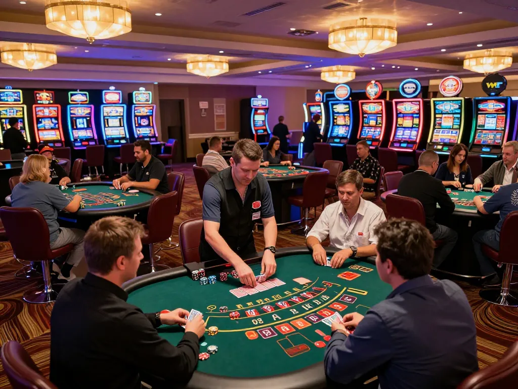 Players enjoying intense go8 gaming moments at a vibrant casino floor filled with roulette and blackjack tables.