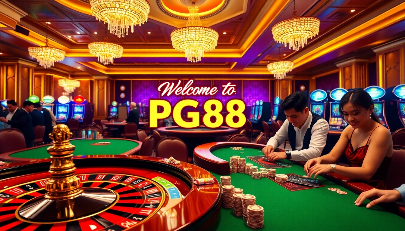 Experience thrilling gameplay at PG88 casino with vibrant slot machines and poker tables.