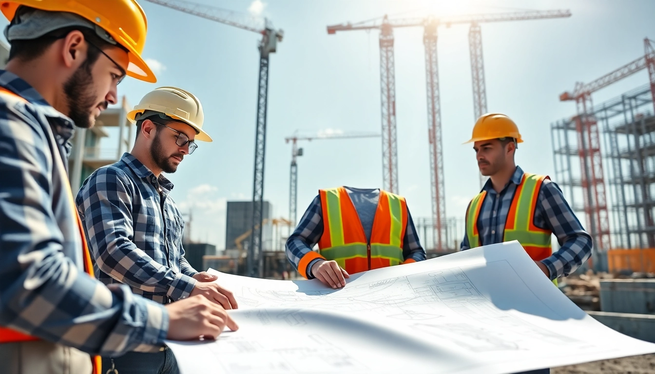 Engaged professionals demonstrating construction advocacy on-site with blueprints and equipment.