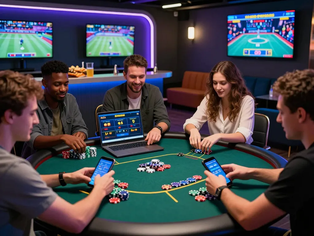 Friends enjoy online gaming on SC88 platform, dynamic poker game with vibrant atmosphere