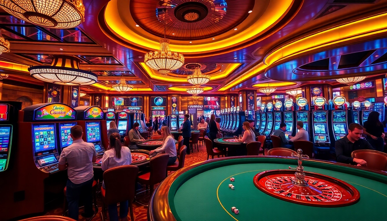 Casino gaming scene at rr88.center featuring vibrant slot machines and engaged players.
