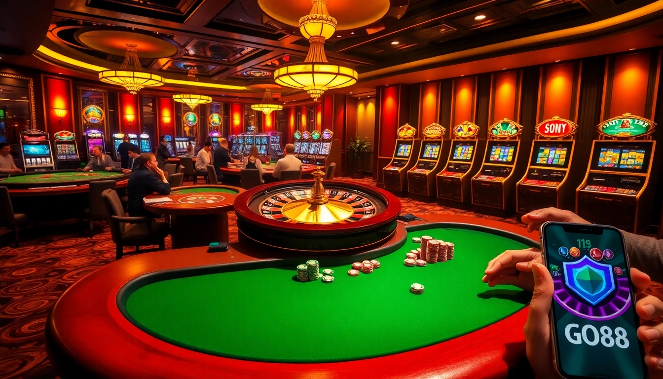 Players enjoying a game at the GO88 online casino, showcasing a vibrant poker and slot machine setting.