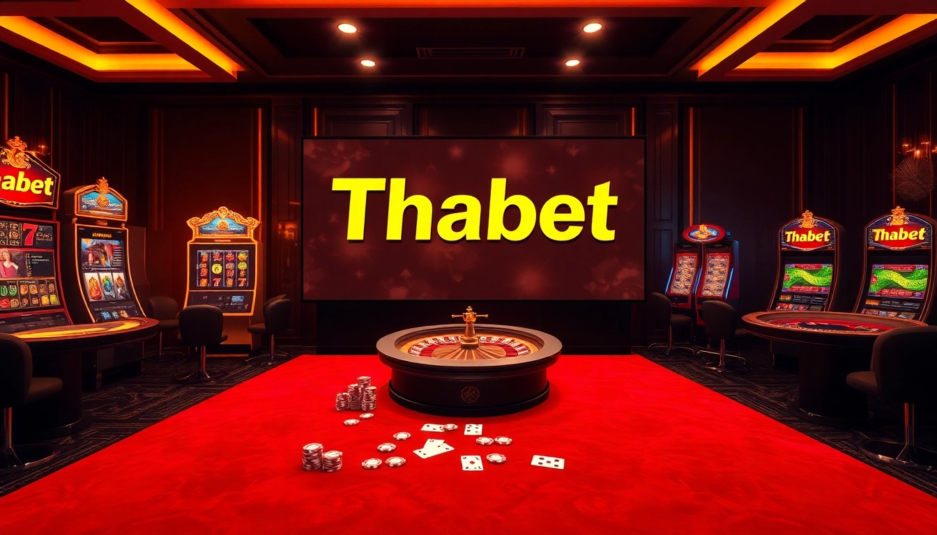 Experience thrilling online gaming at Thabet with luxurious casino tables and vibrant slot machines.