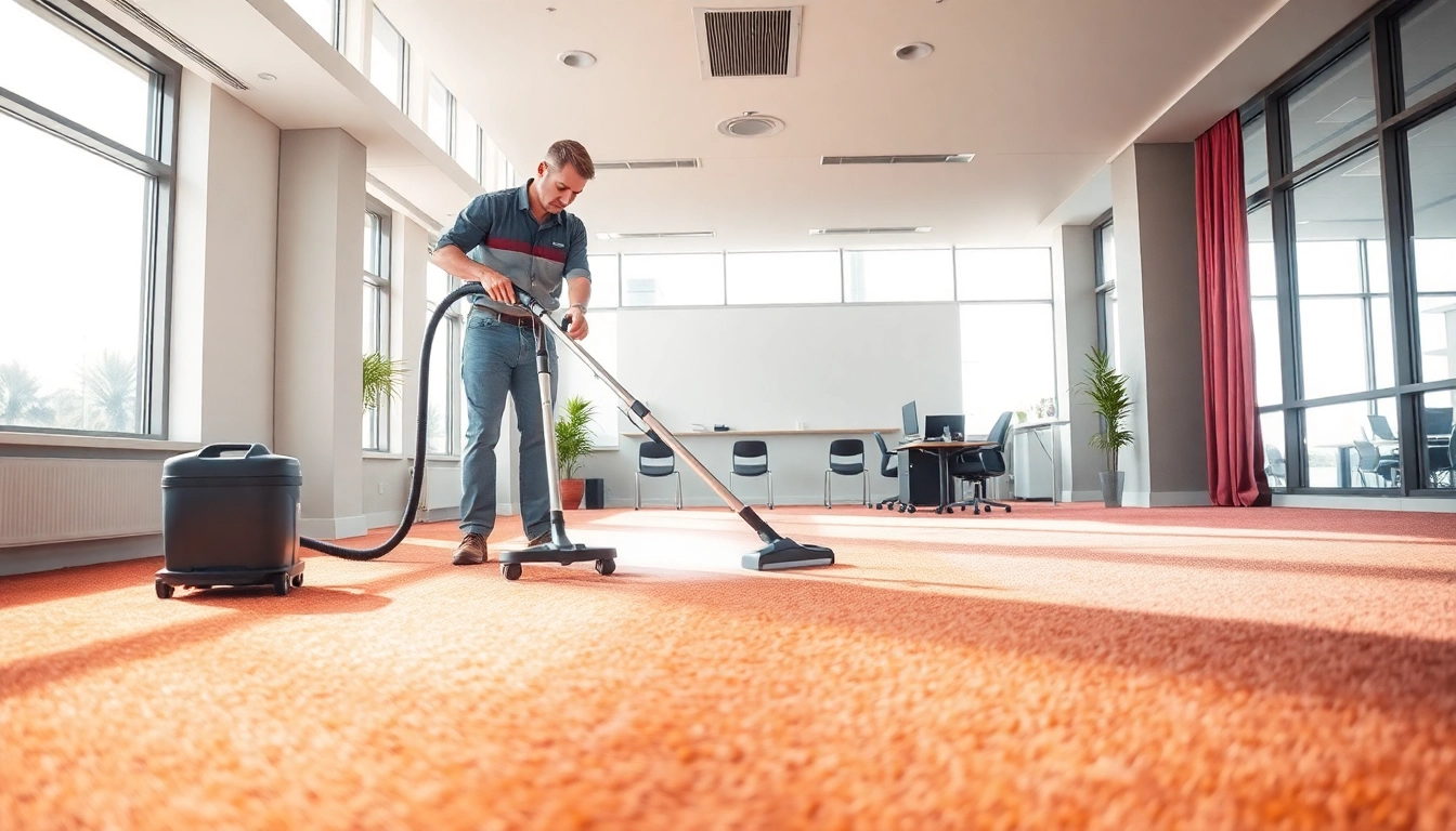 Commercial carpet cleaning technician effectively sanitizing office carpets with modern tools.