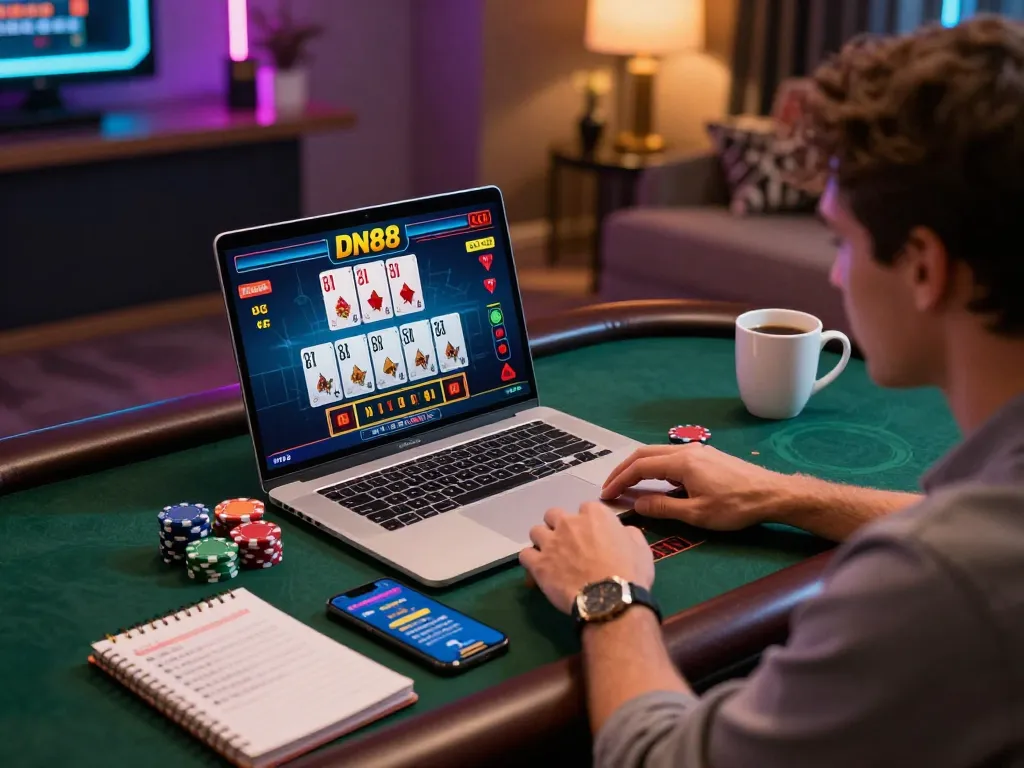 Playing DN88's live dealer baccarat on a laptop, showcasing vibrant online casino atmosphere.