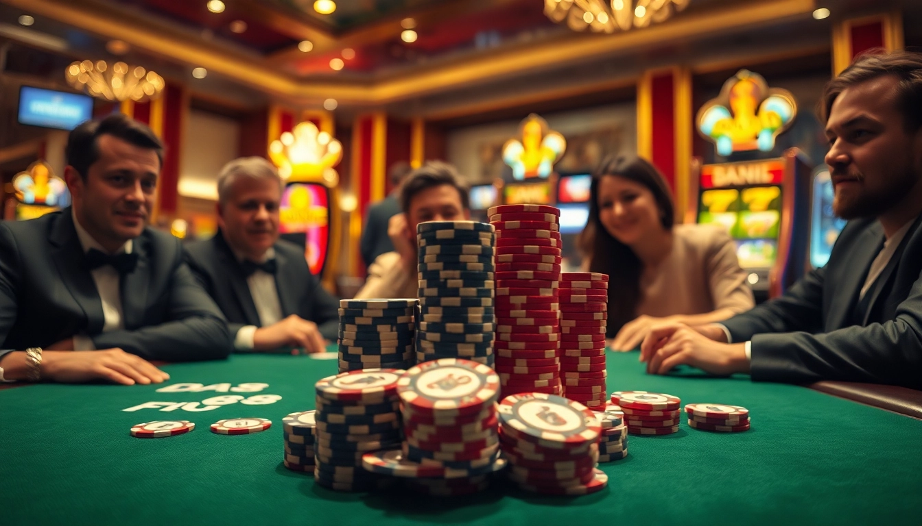 Players strategizing at a DA88 poker table amidst luxurious casino surroundings.