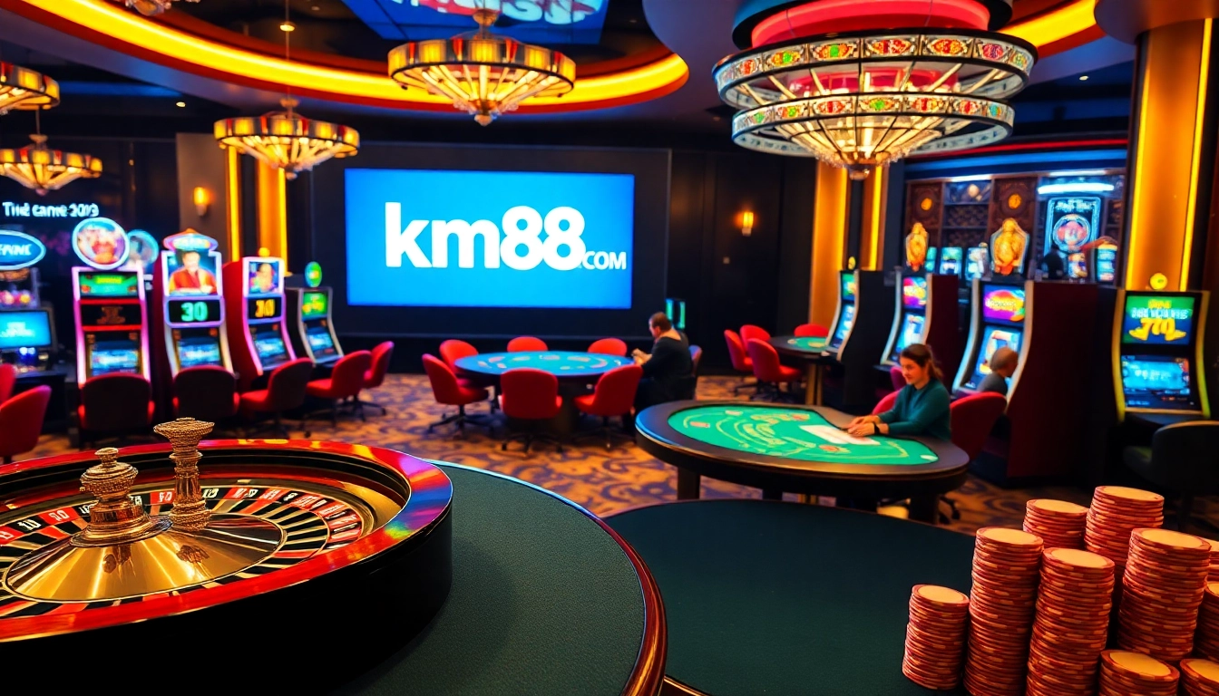 A lively casino scene showcasing the km88 com link with players at poker tables and vibrant slot machines.