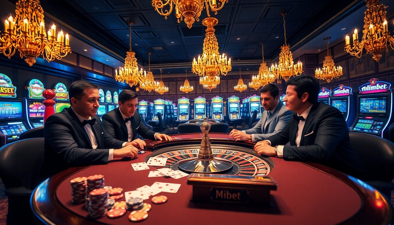 Mibet casino scene showcasing vibrant slot machines and intense poker action, embodying luxury and excitement.