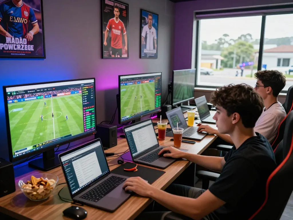 Exciting sports analysis with friends engaging in kèo nhà cái betting in a modern gaming room.