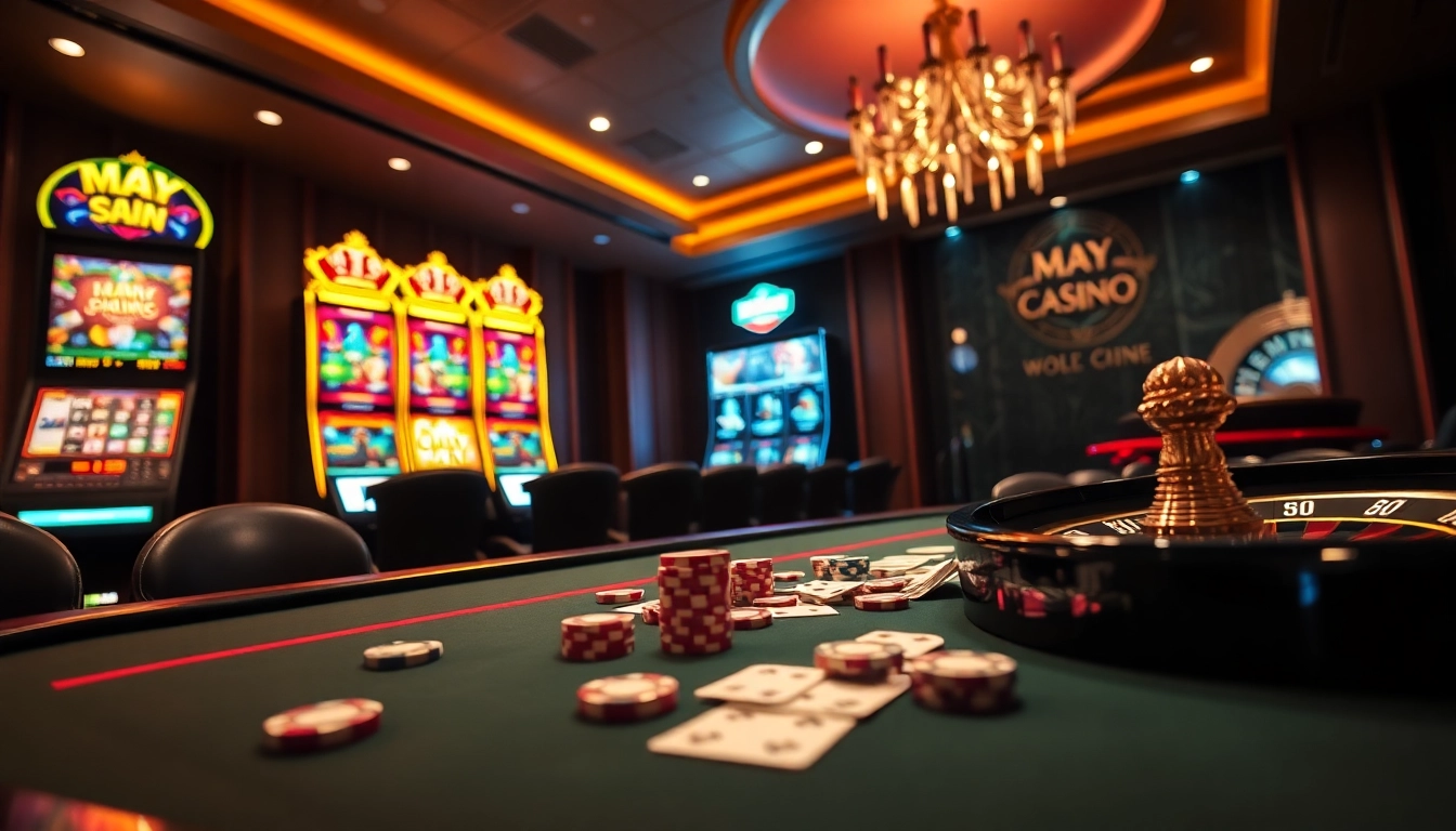Experience the thrill of may 88 with vibrant casino games and a luxurious poker table.