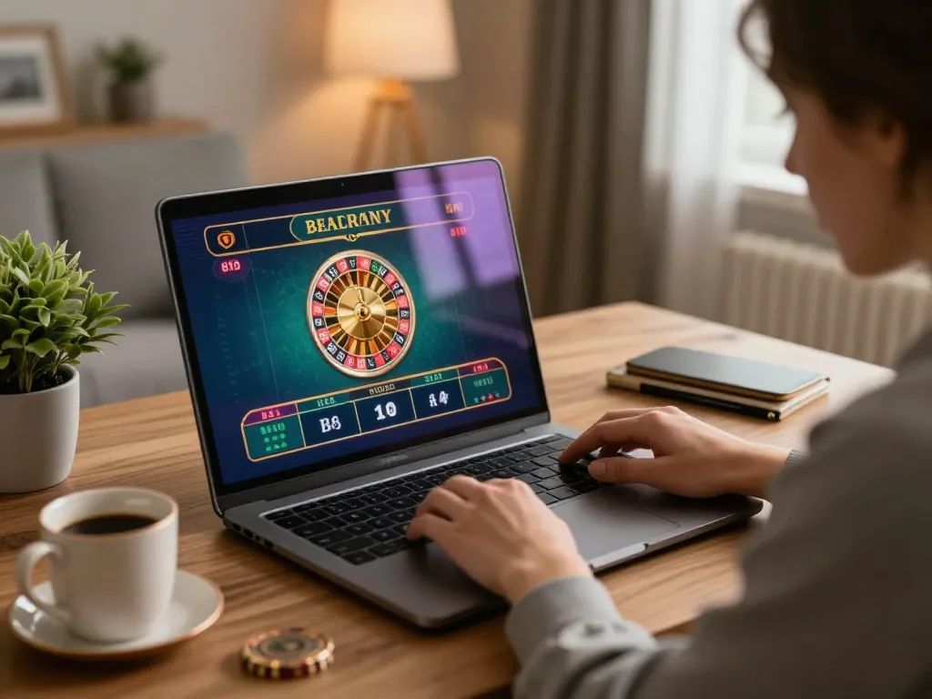 MM88 player enjoying an exciting online roulette game on a home setup with vibrant screen lights.