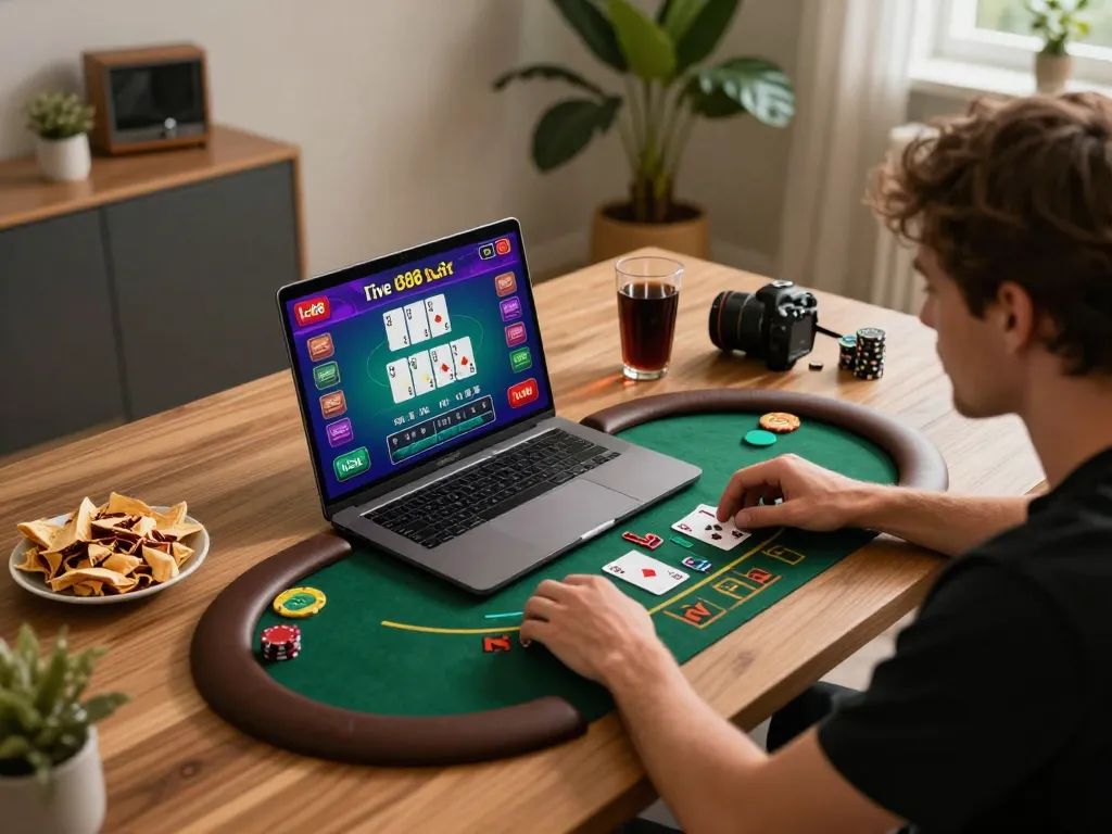 Player enjoying Lc88 vin online blackjack game on laptop in cozy home office.