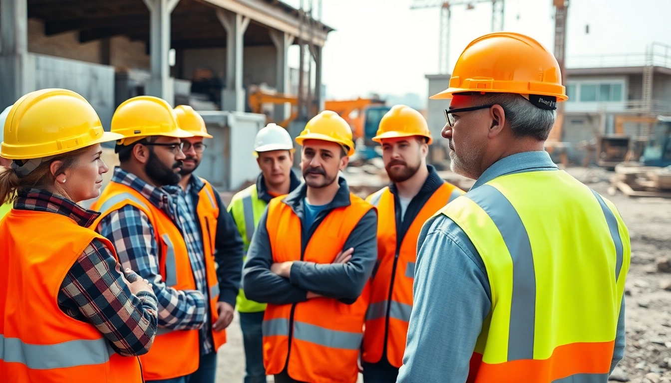 Workers participating in construction site safety training briefing, focusing on protocols and teamwork.