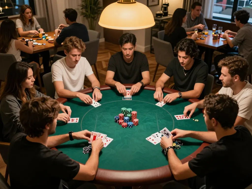 Players engaging in an exciting lc88 poker game during a friendly home night, showcasing chips and cards.