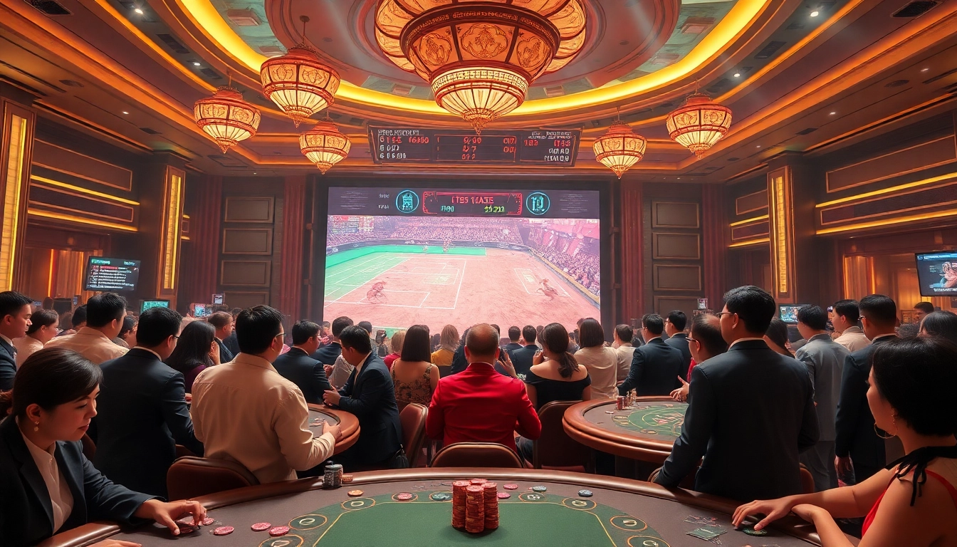 Action-packed đá gà bj38 betting scene with excited gamblers and live odds display.