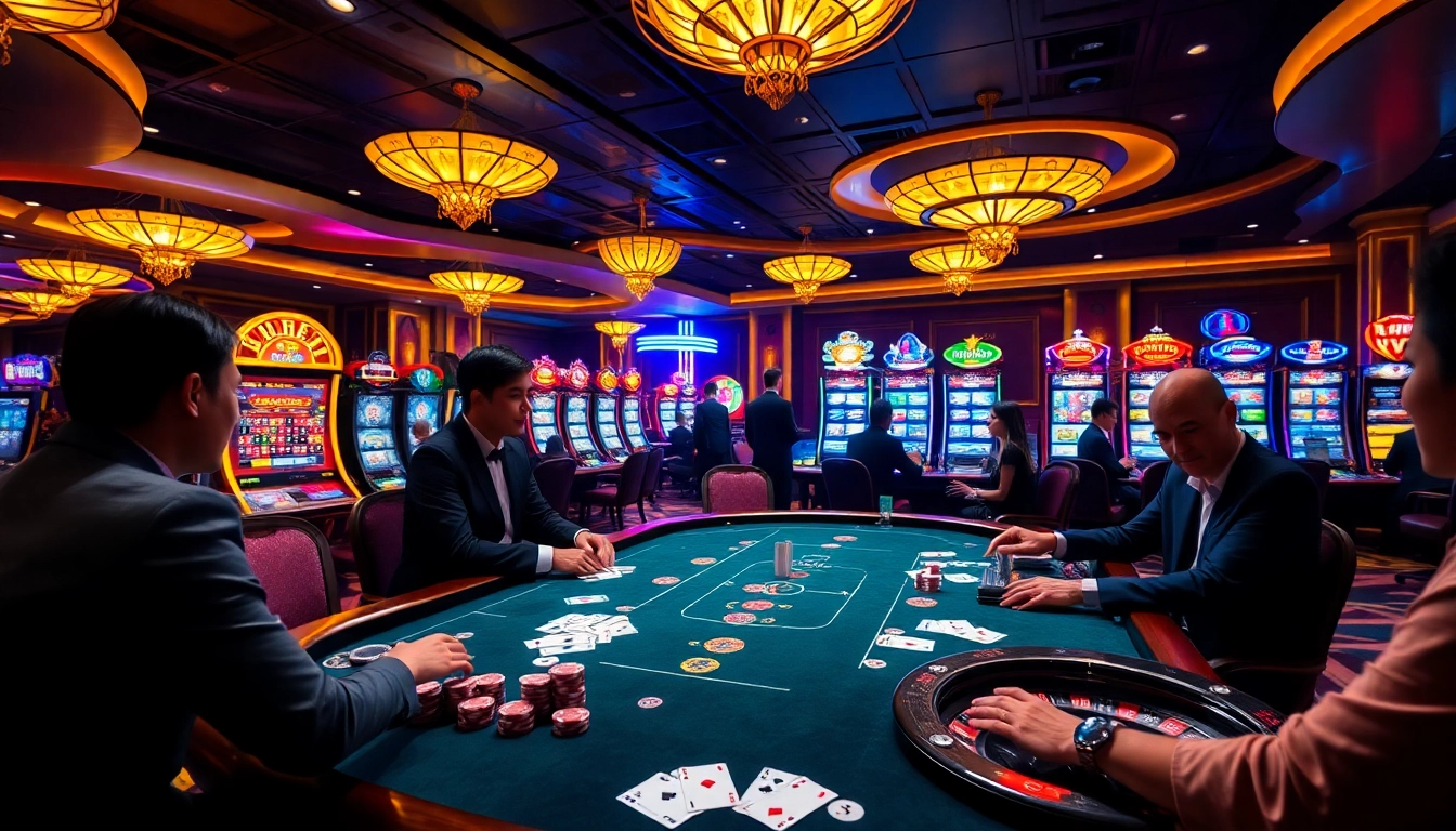 Players enjoying high-stakes gaming at LC88 with vibrant tables and luxury decor.