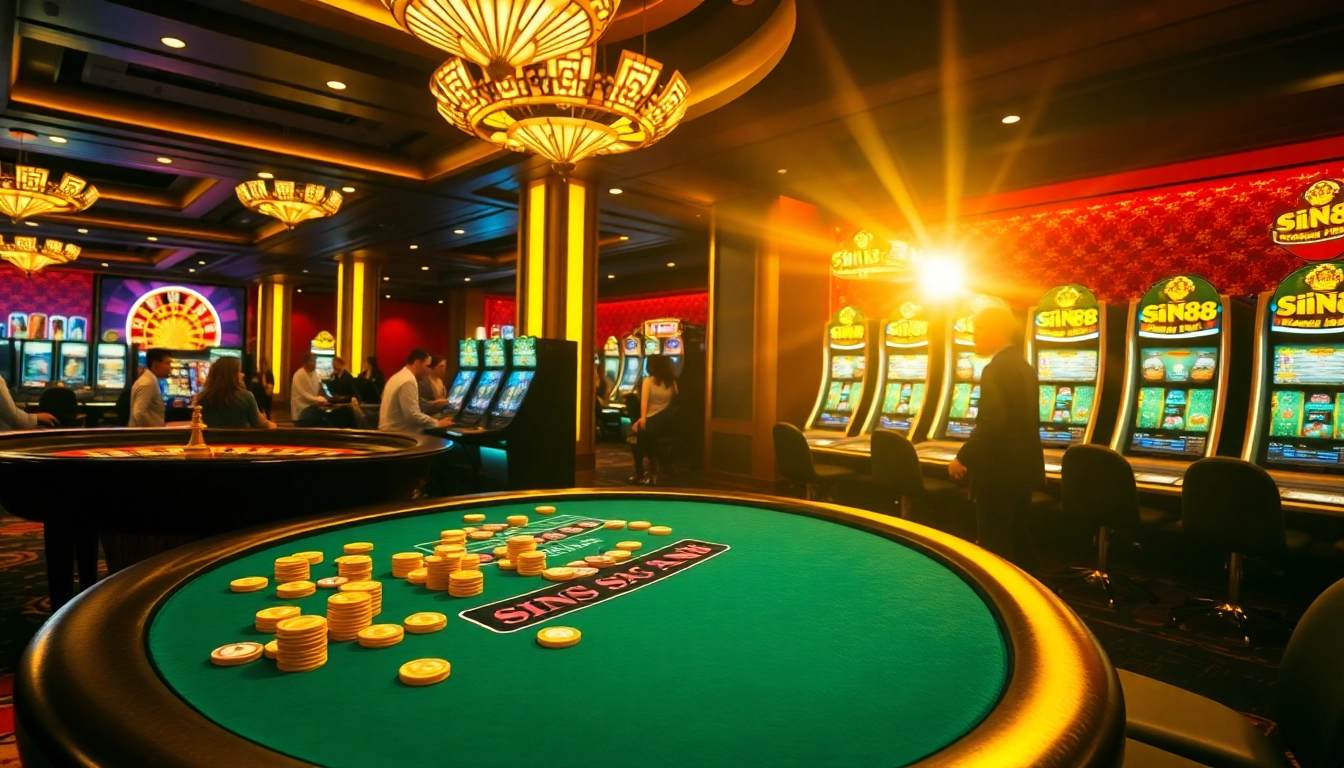 Experience the electrifying thrill of SIN88 at a luxurious gambling table with vibrant chips and engaging players.