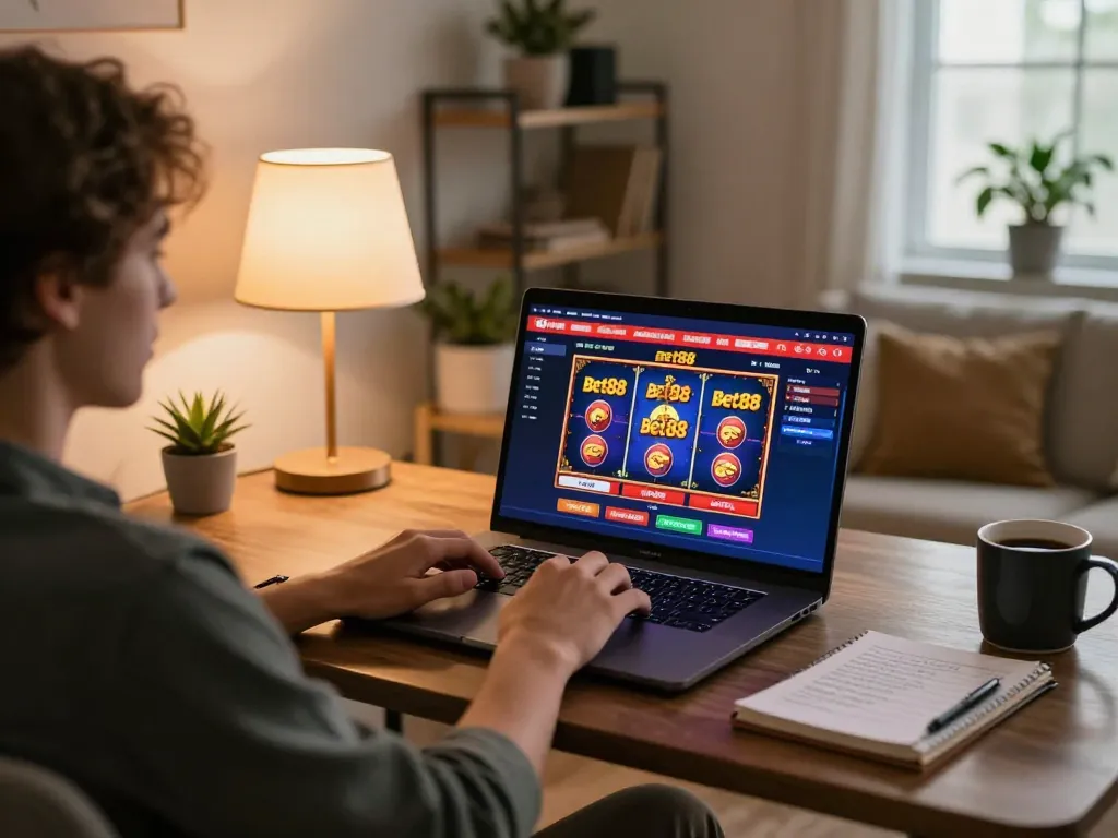 Enjoying an online gaming session with Bet88 on a stylish laptop at home.
