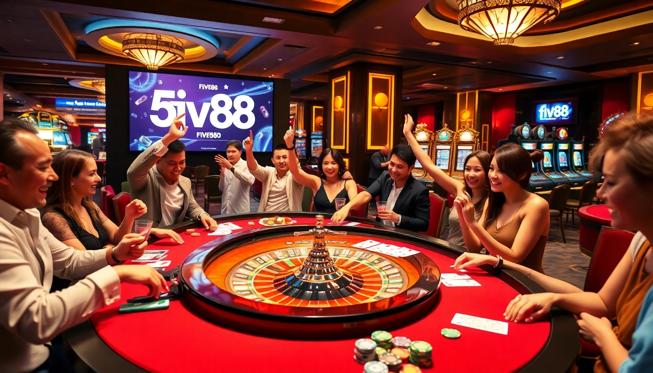 Excited players winning at casino games with five88 online betting elements present.