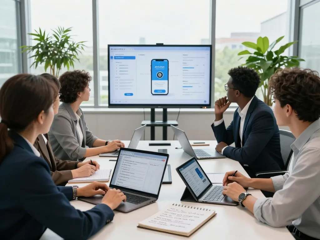 Business professionals collaborating on an AI phone system project in a modern office.