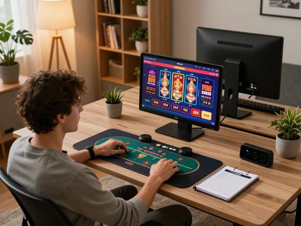 Player enjoying online casino games at FC88 with a tablet, showcasing vibrant gameplay and responsible gaming setup.