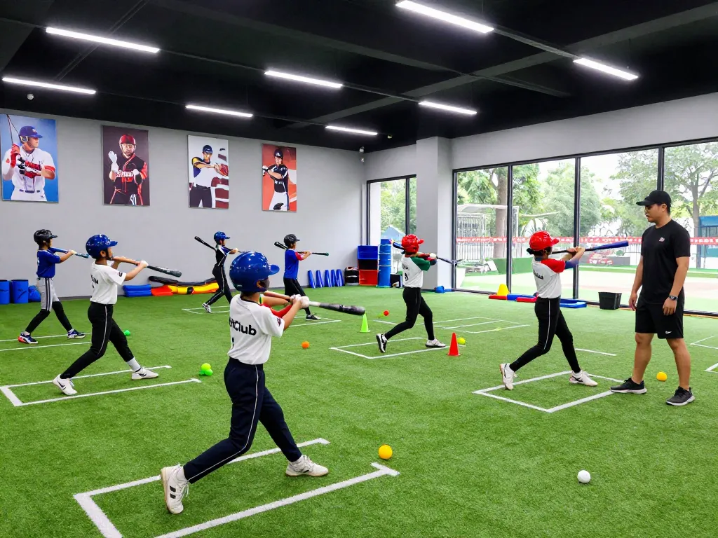 Young athletes at Hitclub training, engaged in baseball practice with coaches analyzing techniques.