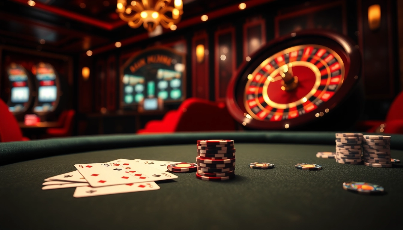 Engaging scene at 69VN casino featuring vibrant poker chips and a spinning roulette wheel.