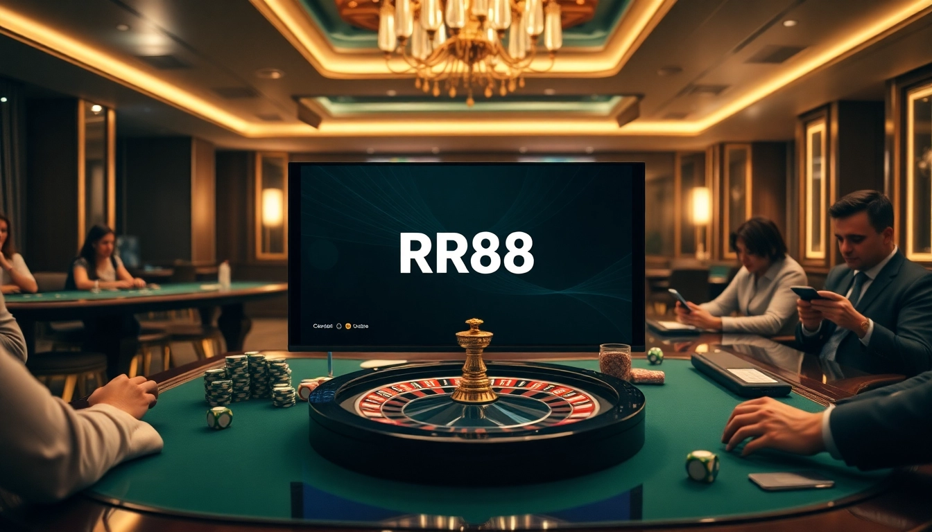 RR88 online betting platform showcasing a stylish casino atmosphere with poker chips and roulette.