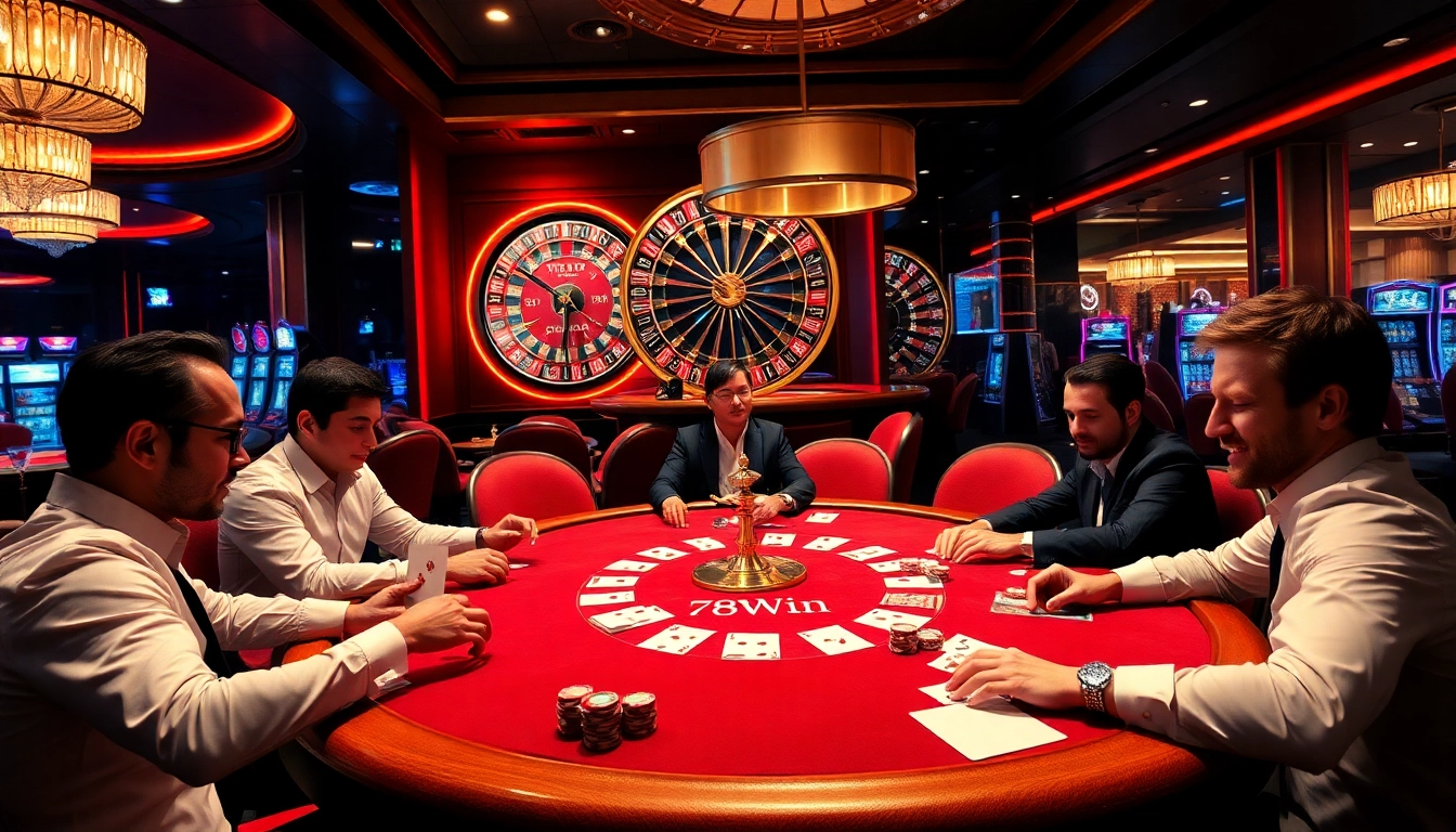 Players enjoying an exciting poker game at 78Win Casino, showcasing vibrant chips and elegant cards.