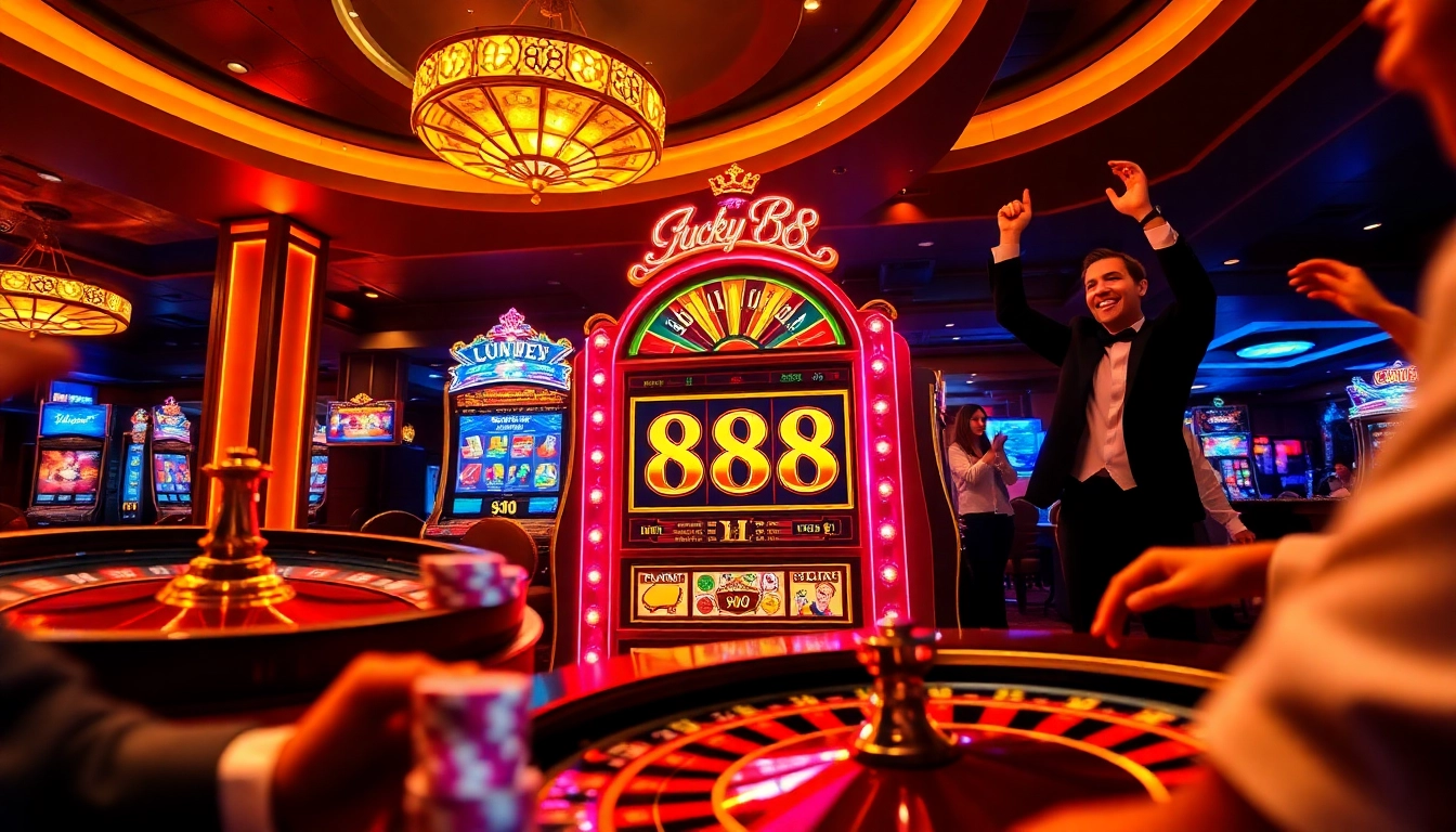 Experience the thrill of LUCKY88 with vibrant casino visuals showcasing excitement and wins.