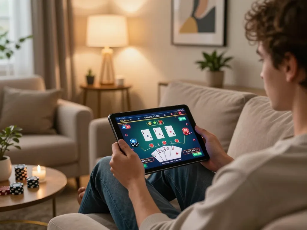 Engaging online gaming experience at https://rr88co.net/ with a player using a tablet for blackjack.