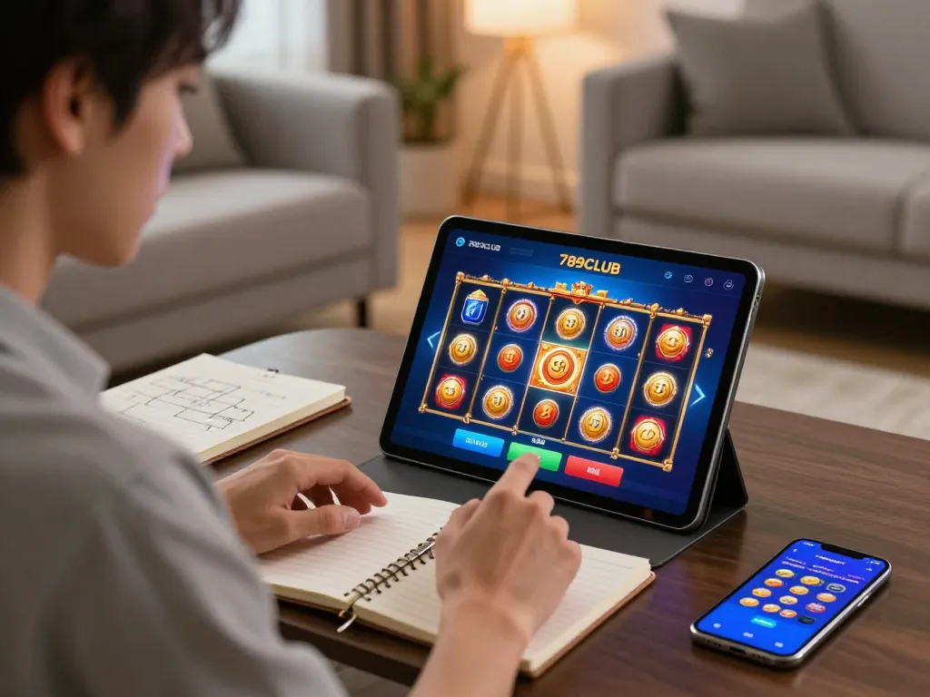 Player enjoying 789CLUB online gaming app on tablet in a cozy, stylish living room