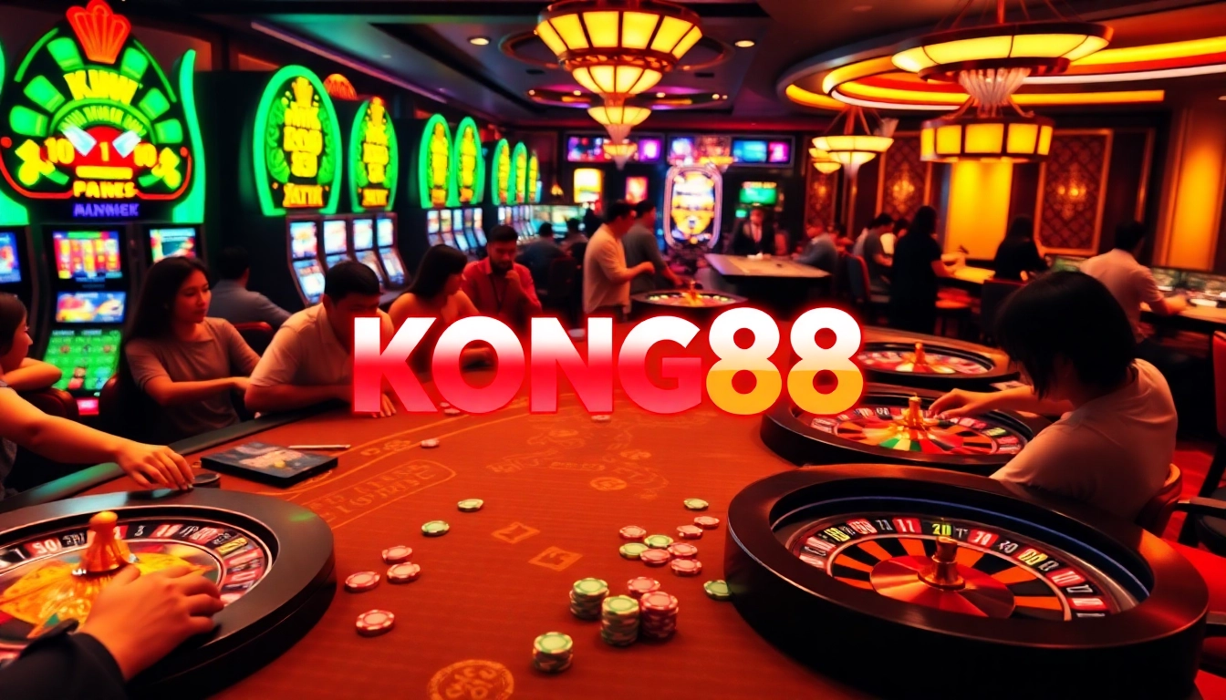 KONG88 logo shines on a luxurious casino table amidst excited players and vibrant slot machines.