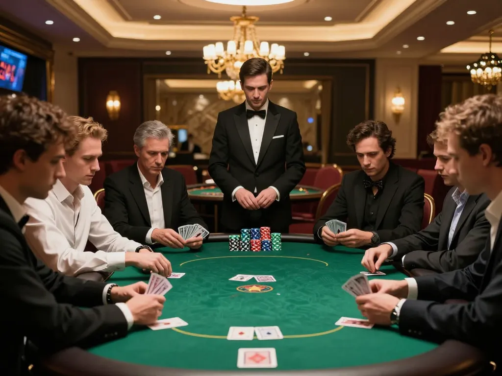 vipwin poker players strategizing during high-stakes game at luxurious casino table.