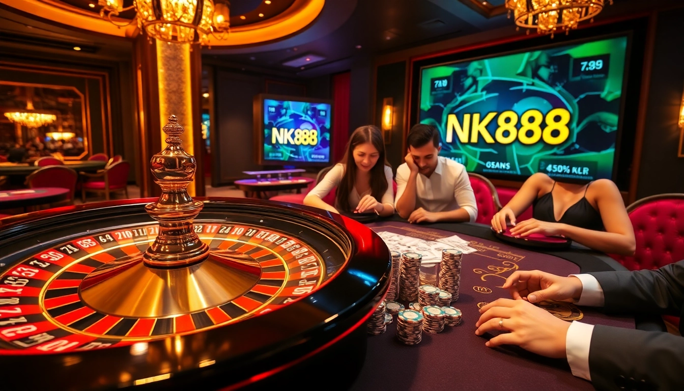 NK88 players enjoying excitement at a roulette table in a vibrant casino atmosphere.