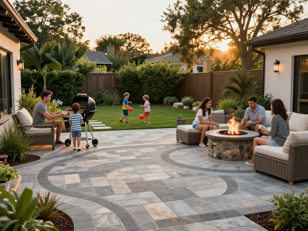 Paver patio near me featuring a beautiful family barbecue setup on stylish outdoor stone flooring.