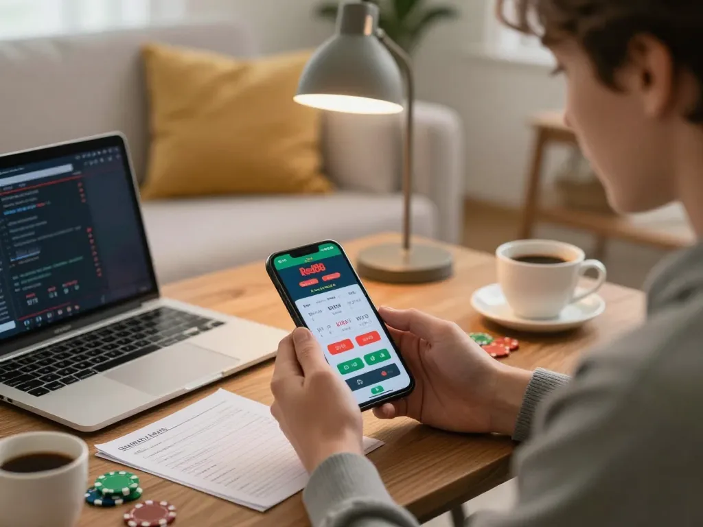 Player engaging in live dealer blackjack on Red88 app using smartphone in cozy home setup.