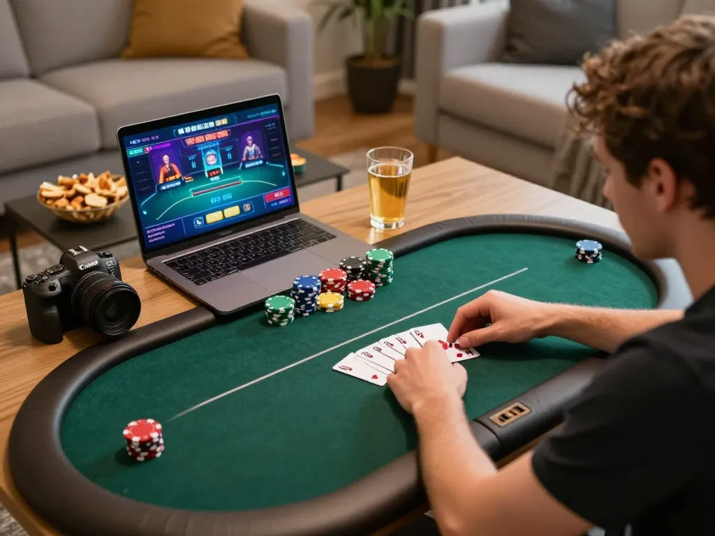 Engaging in online poker at home while playing 68 Game Bài, displaying colorful chips and a vibrant interface.