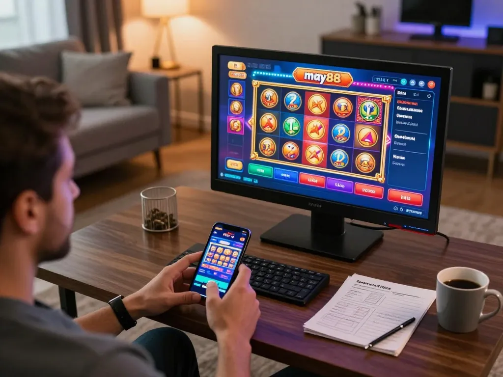 Player interacts with the may88 mobile app in a cozy living room, showcasing responsible gaming.