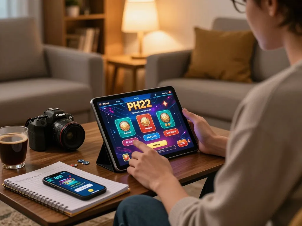 Engaging gameplay on the PH22 platform from a cozy home setting with a user-focused scene