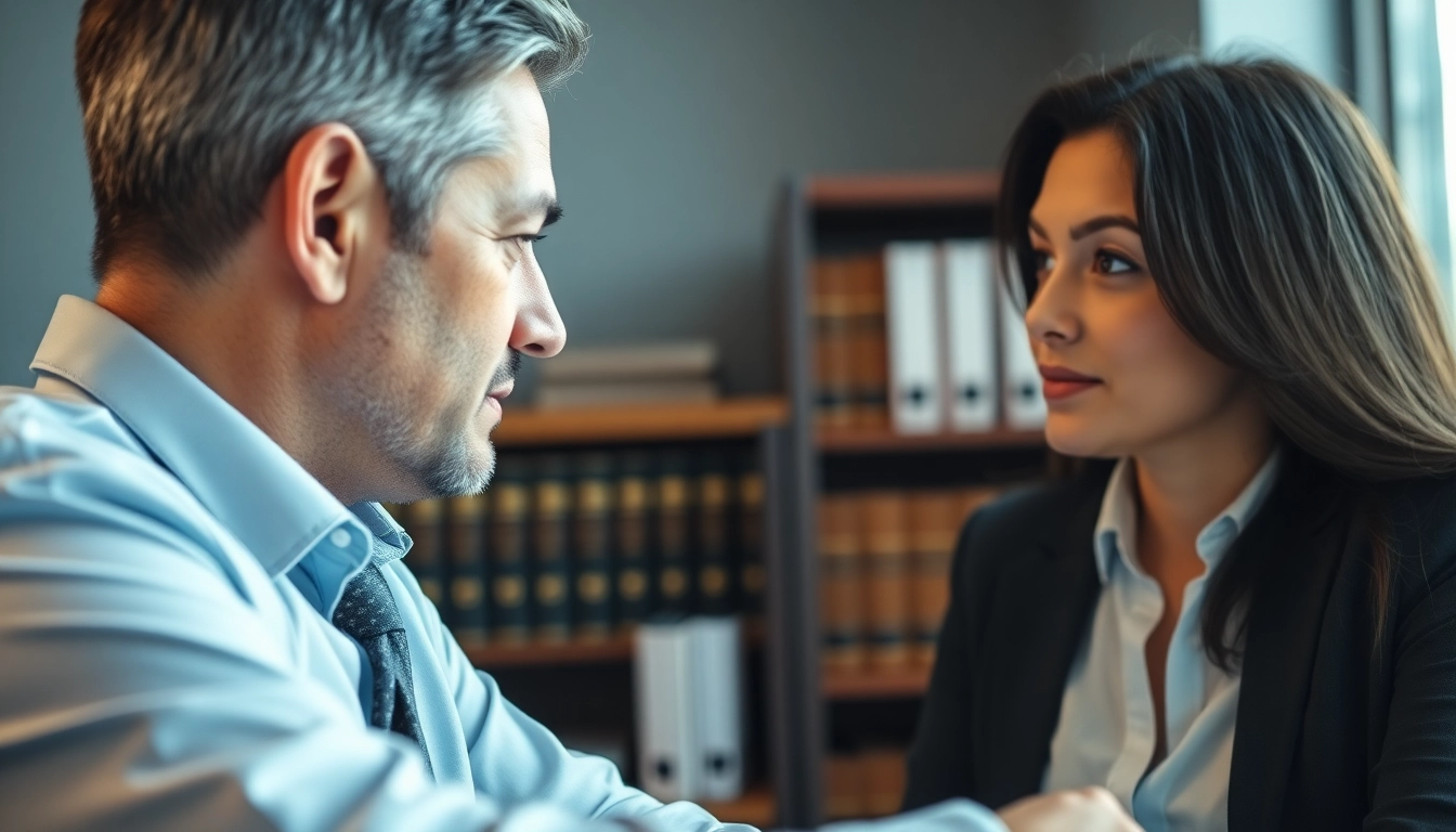 Clearwater truck accident lawyer consulting a client in an office, showcasing professionalism and empathy.