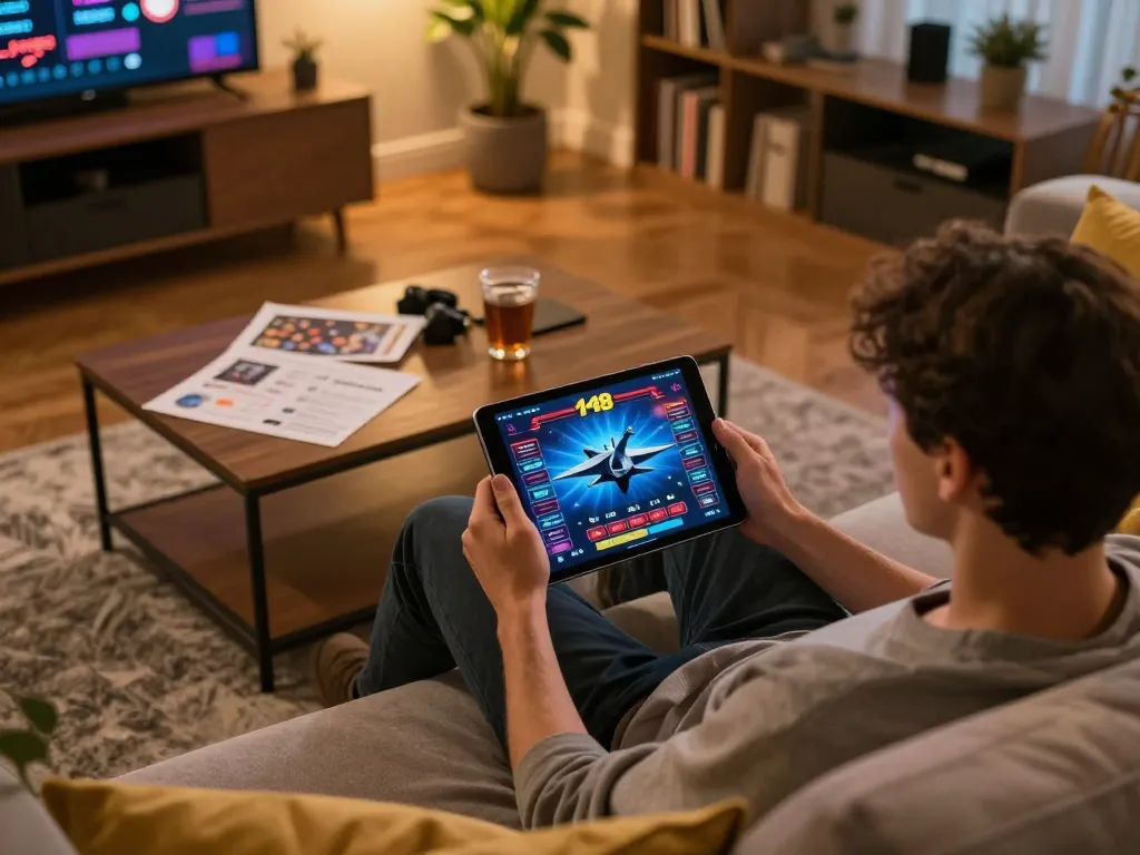 Player enjoying the f168 online casino app on a tablet, surrounded by strategy notes in a cozy home setting.