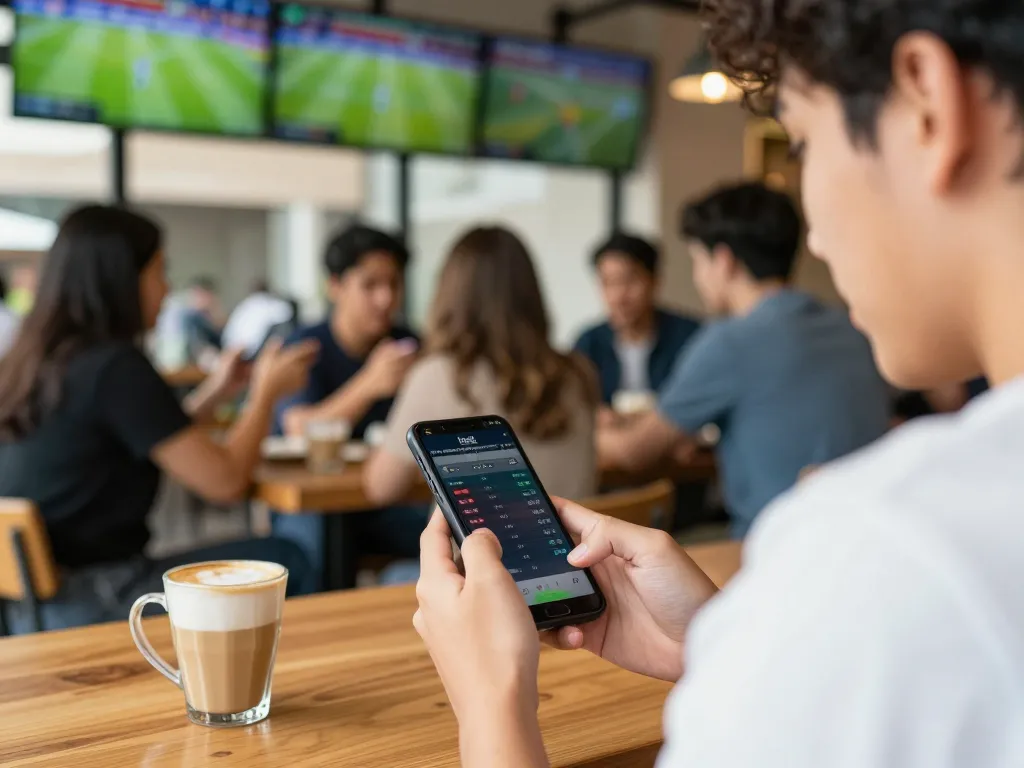 Seseorang memasang taruhan judi bola live di smartphone sambil mendiskusikan strategi dengan teman-teman di kedai kopi