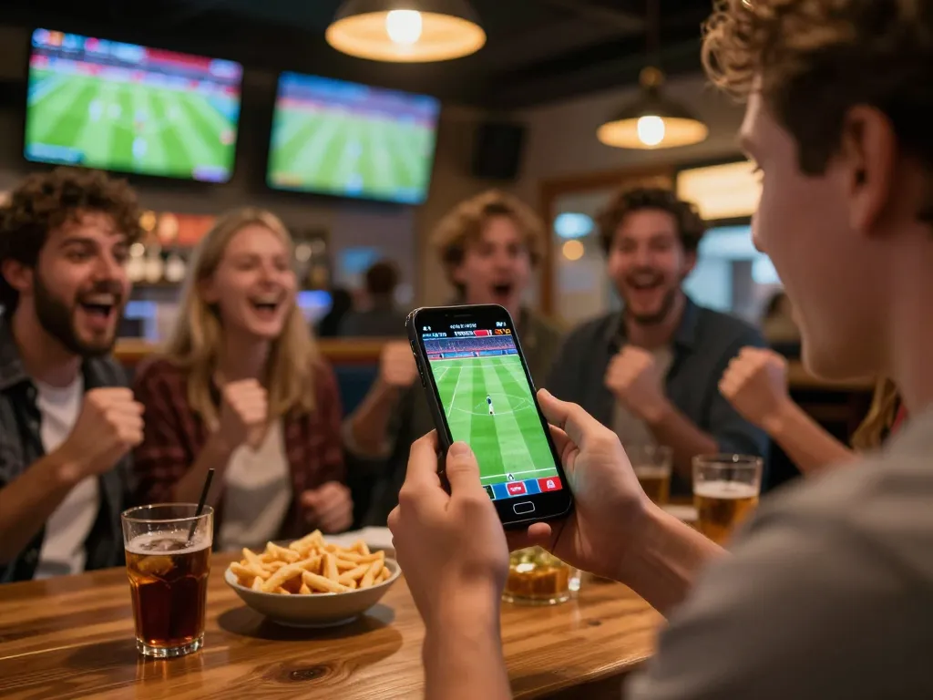 Betting on sports in an energetic setting, experiencing kèo nhà cái with friends at a lively bar.