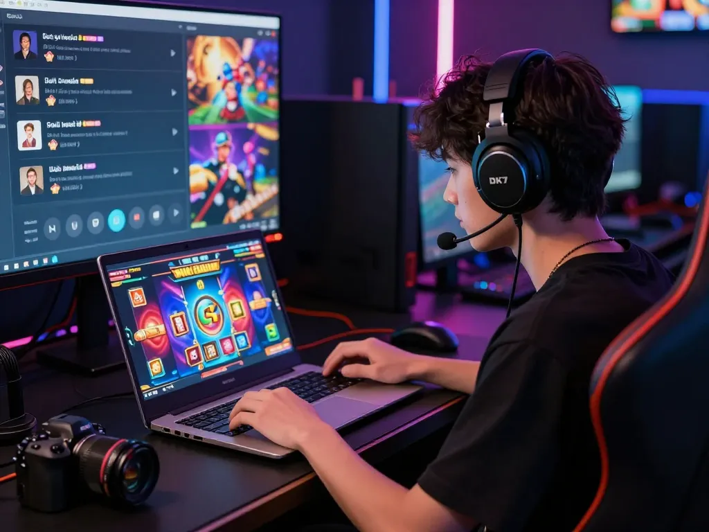 Engaged player enjoying dk7 สล็อต on a modern gaming laptop in a vibrant room