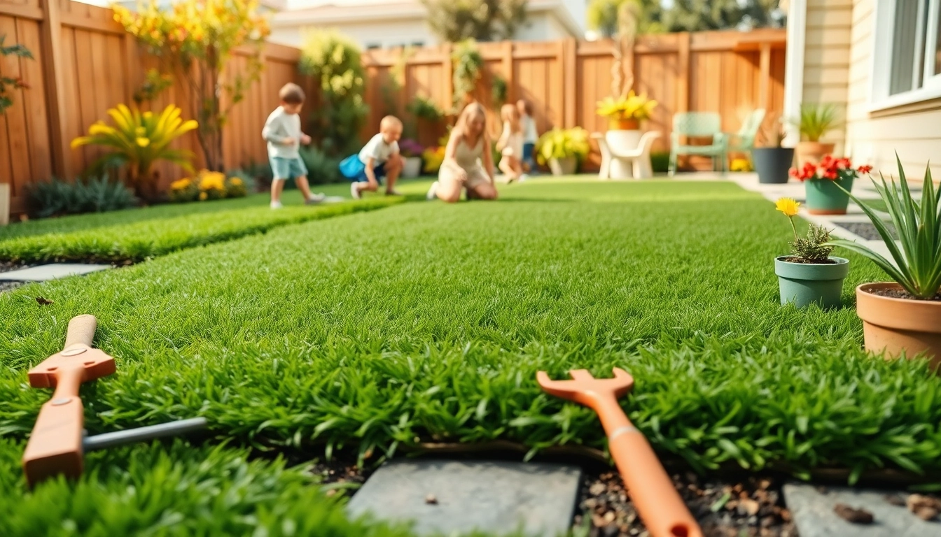Artificial turf installation Bay Area in a sunny garden featuring children playing.