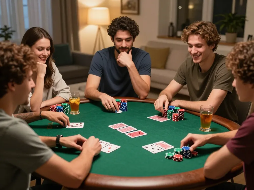 MAY88 players enjoying a fun-filled poker night, showcasing strategy and camaraderie.