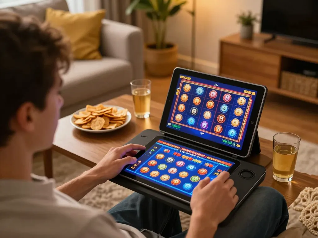 Engaging in slot gameplay on a tablet, showcasing the excitement of xo88 online gaming in a cozy home setting.