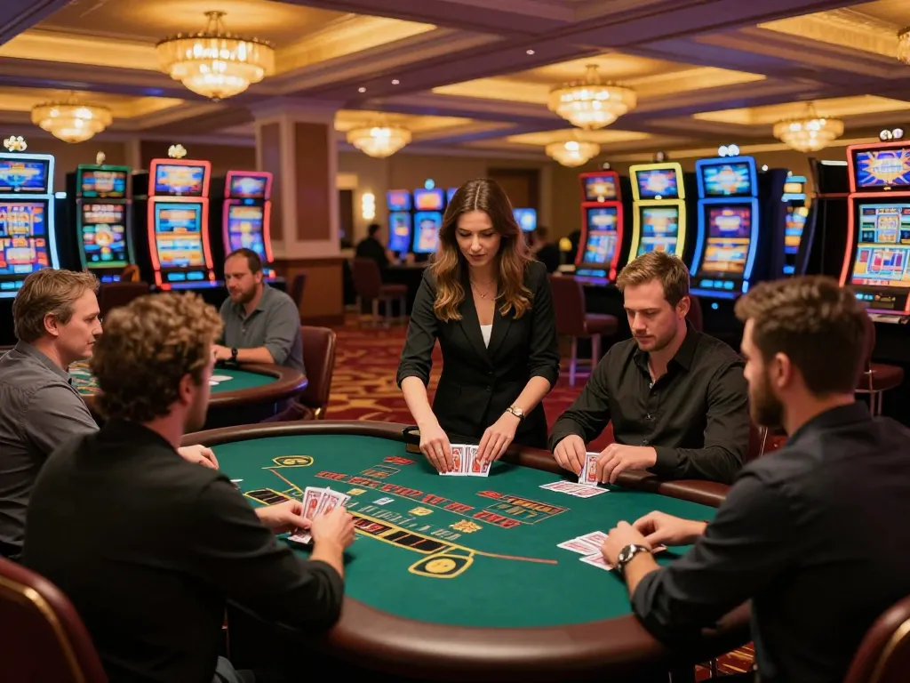 Players enjoying blackjack at sunwin casino, showcasing excitement on a vibrant gaming floor
