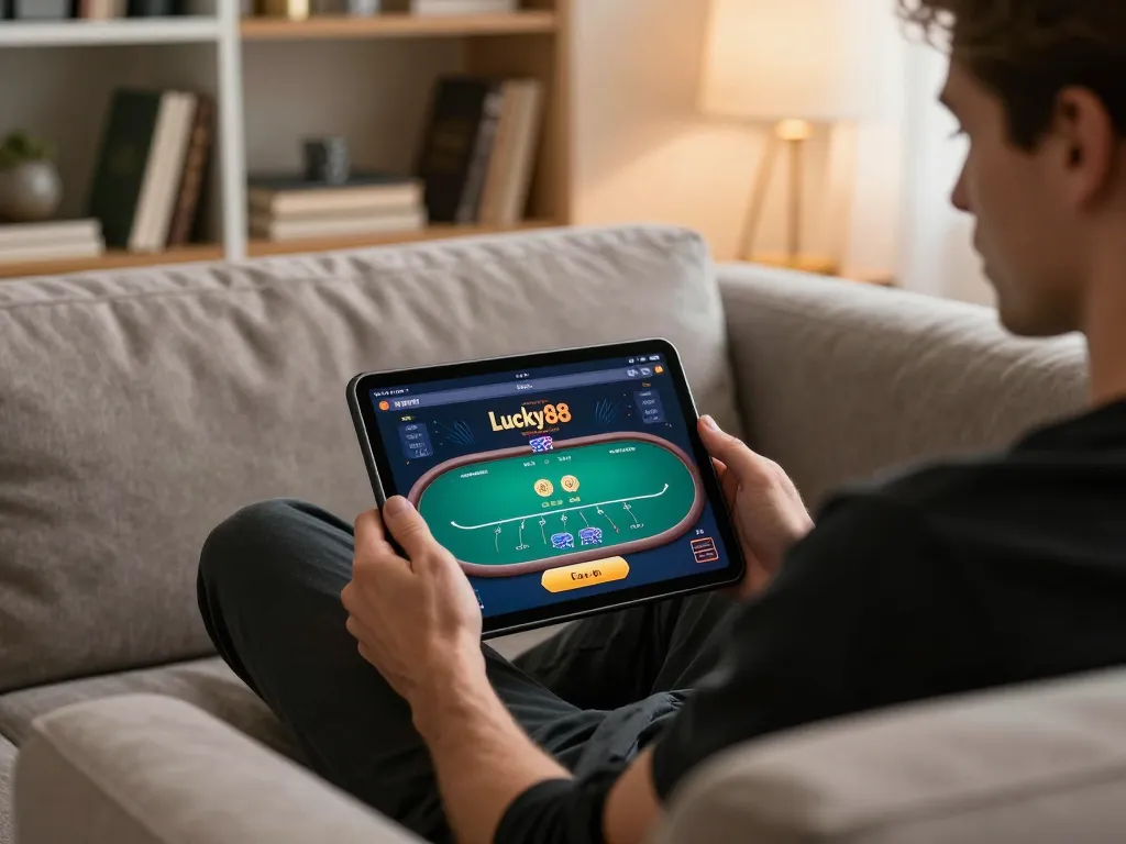 Player enjoying lucky88 poker on a tablet in a stylish home atmosphere